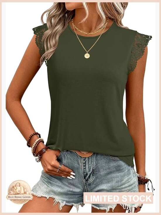 Tops - Sleeveless Lace Trim Flutter Ruffle Cap Sleeve Blouse Elegant Chic Summer Casual